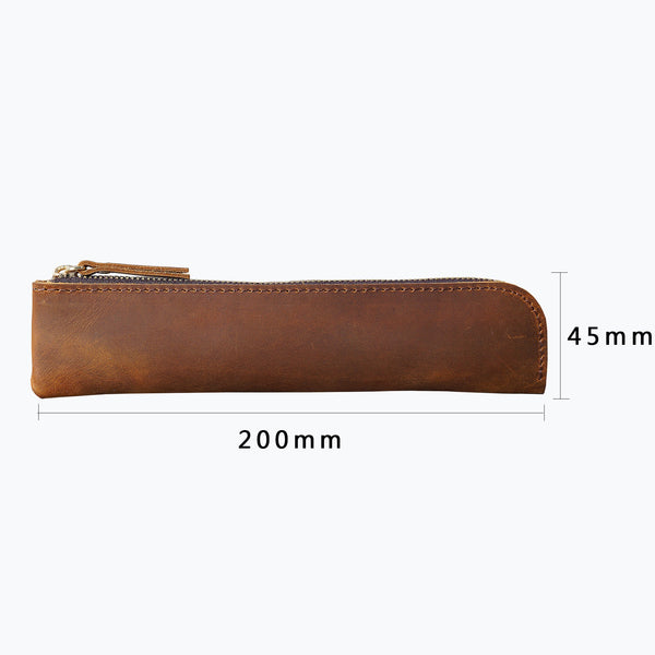 Red Crazy Horse Leather Zippered Pen Case Retro Pencil Pouch & Small Accessories Bag Pencil Cases