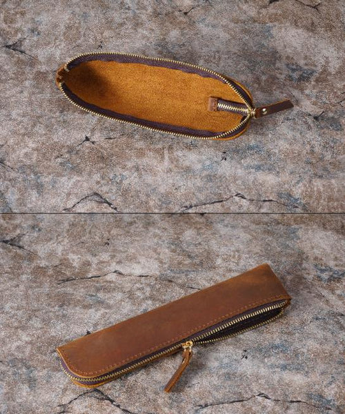 Red Crazy Horse Leather Zippered Pen Case Retro Pencil Pouch & Small Accessories Bag Pencil Cases