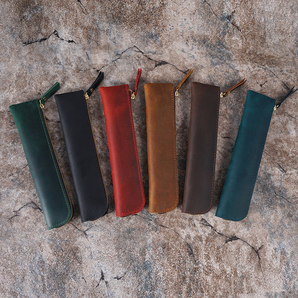 Red Crazy Horse Leather Zippered Pen Case Retro Pencil Pouch & Small Accessories Bag Pencil Cases