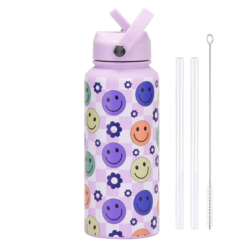 Style 27A Purple Smiley Face Pattern Vibrant Fun Print 1L Stainless Steel Insulated Water Bottle 32Oz Large Capacity With Straw Lid & Carry Handle Bpa
