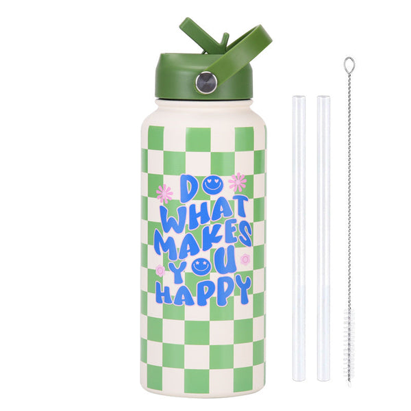 Style 23J Green And White Plaid Vibrant Fun Print 1L Stainless Steel Insulated Water Bottle 32Oz Large Capacity With Straw Lid & Carry Handle Bpa Free