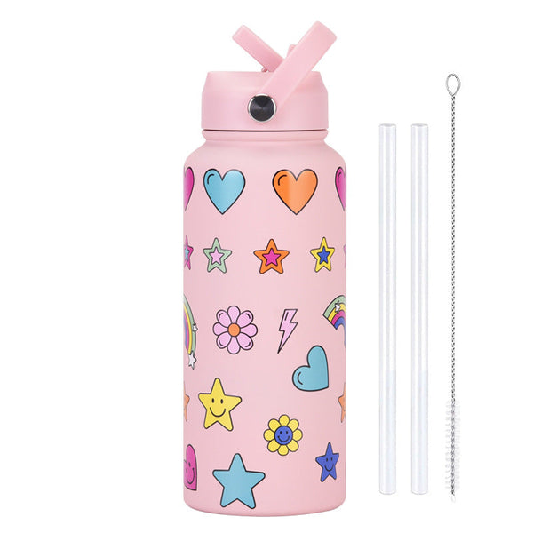 Style 11G Colorful Plaid Vibrant Fun Print 1L Stainless Steel Insulated Water Bottle 32Oz Large Capacity With Straw Lid & Carry Handle Bpa Free Water