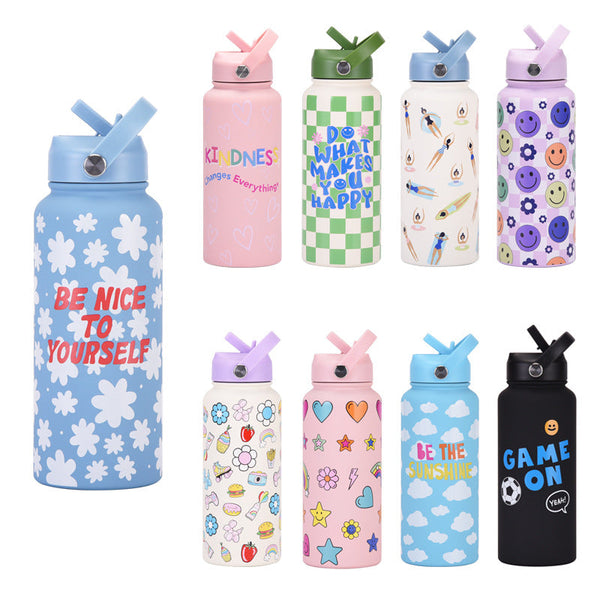 Style 11G Colorful Plaid Vibrant Fun Print 1L Stainless Steel Insulated Water Bottle 32Oz Large Capacity With Straw Lid & Carry Handle Bpa Free Water