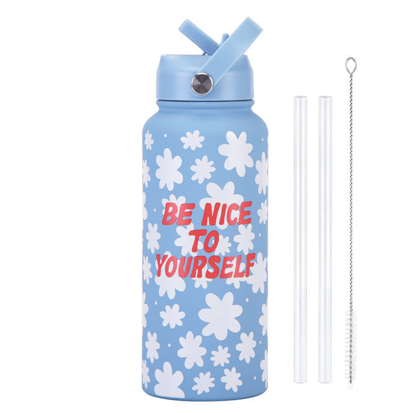 Style 19A Blue And White Plaid Vibrant Fun Print 1L Stainless Steel Insulated Water Bottle 32Oz Large Capacity With Straw Lid & Carry Handle Bpa Free
