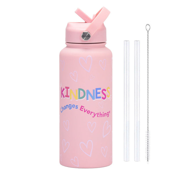 Style 11A Pink Vibrant Fun Print 1L Stainless Steel Insulated Water Bottle 32Oz Large Capacity With Straw Lid & Carry Handle Bpa Free Water Bottles &
