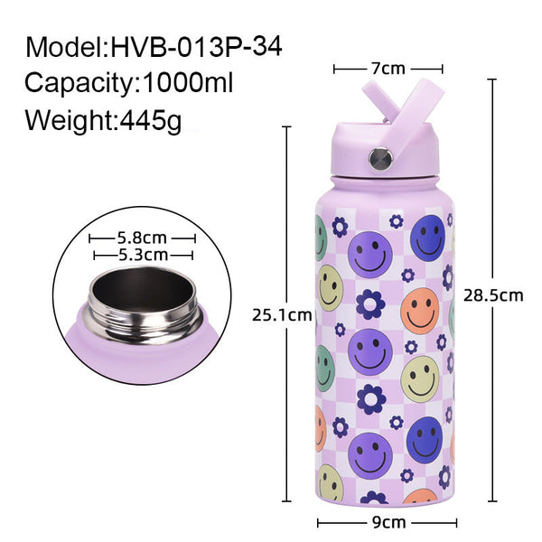 Style 11A Pink Vibrant Fun Print 1L Stainless Steel Insulated Water Bottle 32Oz Large Capacity With Straw Lid & Carry Handle Bpa Free Water Bottles &