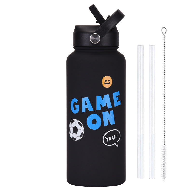 Style 9B Black Vibrant Fun Print 1L Stainless Steel Insulated Water Bottle 32Oz Large Capacity With Straw Lid & Carry Handle Bpa Free Water Bottles &