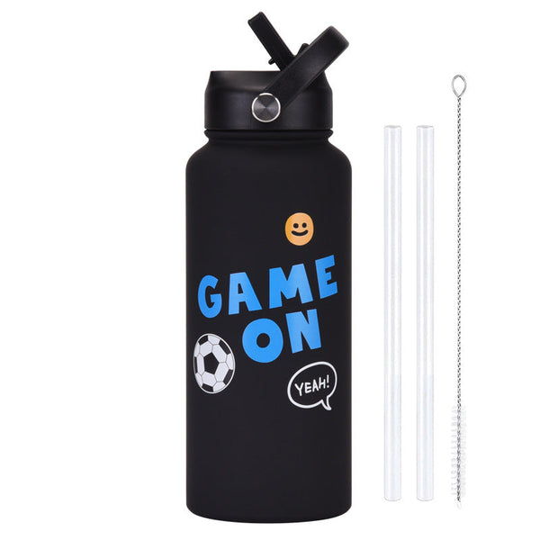 Style 9B Black Vibrant Fun Print 1L Stainless Steel Insulated Water Bottle 32Oz Large Capacity With Straw Lid & Carry Handle Bpa Free Water Bottles &