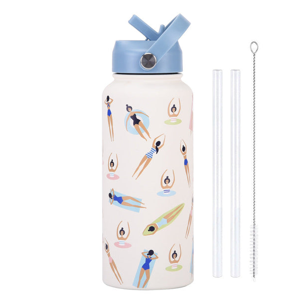Style 23C White And Blue Vibrant Fun Print 1L Stainless Steel Insulated Water Bottle 32Oz Large Capacity With Straw Lid & Carry Handle Bpa Free Water