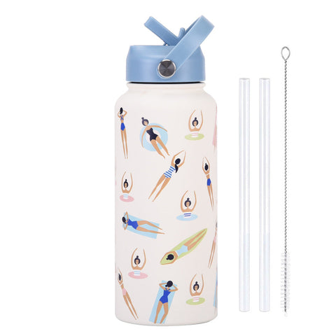 Style 23C White And Blue Vibrant Fun Print 1L Stainless Steel Insulated Water Bottle 32Oz Large Capacity With Straw Lid & Carry Handle Bpa Free Water