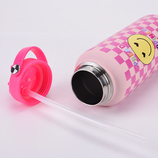 Style 23C White And Blue Vibrant Fun Print 1L Stainless Steel Insulated Water Bottle 32Oz Large Capacity With Straw Lid & Carry Handle Bpa Free Water