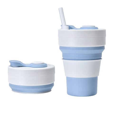 2 Pcs White And Blue 350Ml Collapsible Silicone Travel Cup Portable Leak Proof & Food Grade Drinking Mug With Lid Insulating Sleeve Straw Other Travel