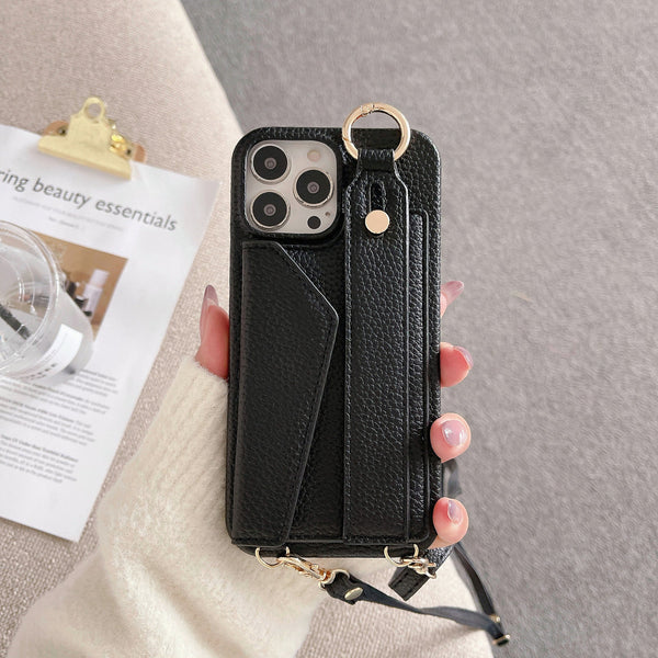 Black Chic Pu Leather Crossbody Wallet Case For Iphone 16 Pro Max Card Holder With Detachable Strap & Finger Ring Grip Cases Covers & Skins