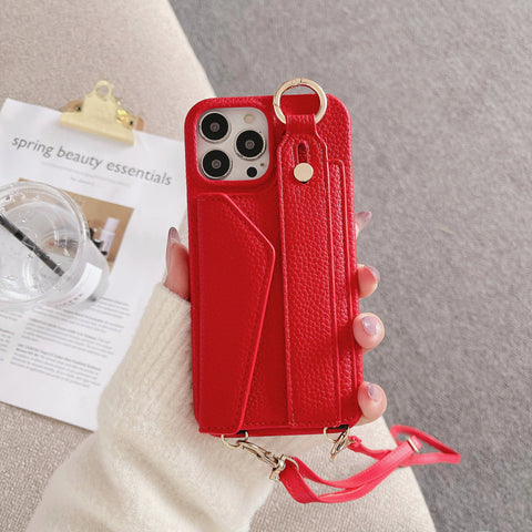 Red Chic Pu Leather Crossbody Wallet Case For Iphone 16 Pro Card Holder With Detachable Strap & Finger Ring Grip Cases Covers & Skins