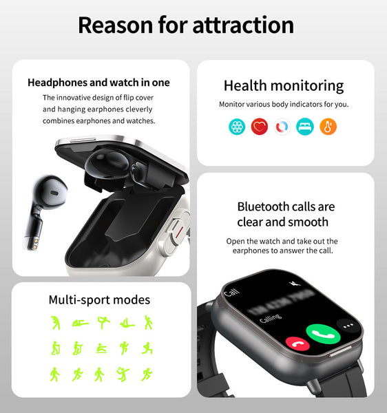 Silver Steel Belt 2 In 1 Smartwatch With Built In Earbuds 2.01 Hd Touchscreen Smart Watches