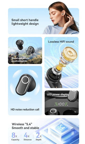 Black Feather Light Tws Bluetooth 5.4 Hi Fi Sound Led Display Case 60H+ Playtime Touch Control Earbuds