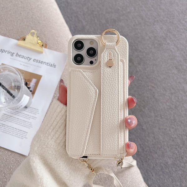 Beige Chic Pu Leather Crossbody Wallet Case For Iphone 16 Pro Max Card Holder With Detachable Strap & Finger Ring Grip Cases Covers & Skins