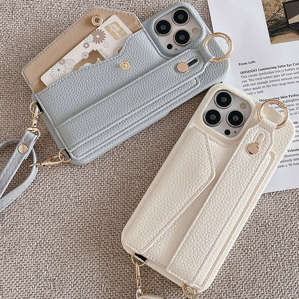 Beige Chic Pu Leather Crossbody Wallet Case For Iphone 16 Pro Card Holder With Detachable Strap & Finger Ring Grip Cases Covers & Skins