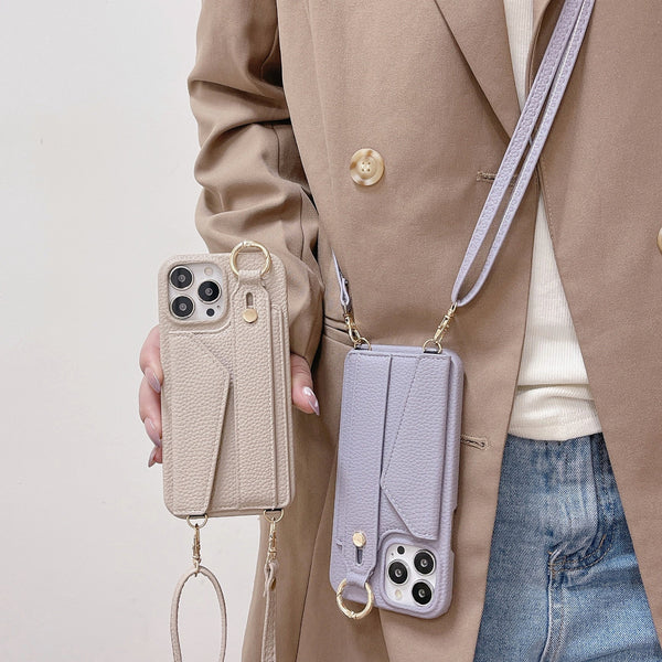 Beige Chic Pu Leather Crossbody Wallet Case For Iphone 16 Pro Card Holder With Detachable Strap & Finger Ring Grip Cases Covers & Skins