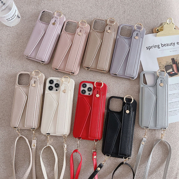 Beige Chic Pu Leather Crossbody Wallet Case For Iphone 16 Card Holder With Detachable Strap & Finger Ring Grip Cases Covers & Skins