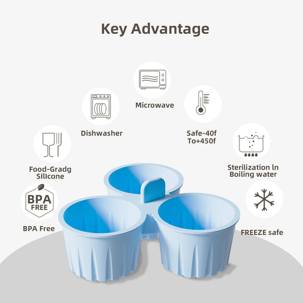 2 Pcs Blue 3 Compartment Silicone Bowl Bpa Free Microwave & Air Fryer Safe For Eggs Baking Food Storage Bowls