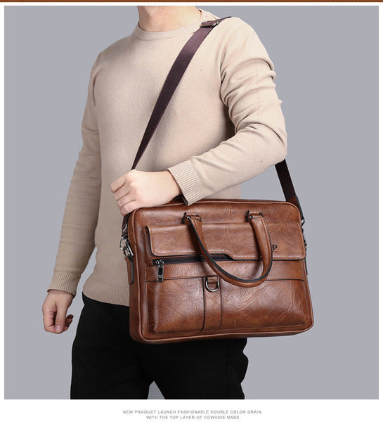Brown Men's Pu Leather Briefcase Vintage Style Laptop Messenger Bag Crossbody Satchel For Business & Casual Bags