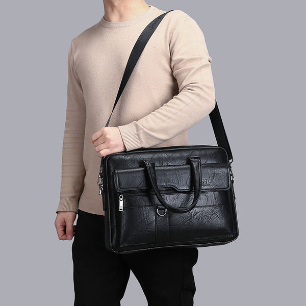 Black Men's Pu Leather Briefcase Vintage Style Laptop Messenger Bag Crossbody Satchel For Business & Casual Bags