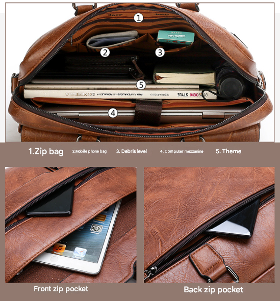 Black Men's Pu Leather Briefcase Vintage Style Laptop Messenger Bag Crossbody Satchel For Business & Casual Bags