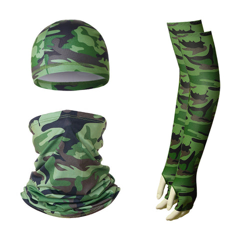 2 Sets Green Camouflage Cooling Uv Protection Skull Cap Neck Gaiter & 4 Arm Sleeves For Outdoor Sports Other Motorcycle Clothing
