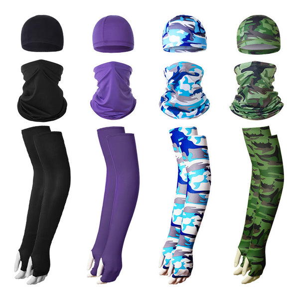 2 Sets Green Camouflage Cooling Uv Protection Skull Cap Neck Gaiter & 4 Arm Sleeves For Outdoor Sports Other Motorcycle Clothing