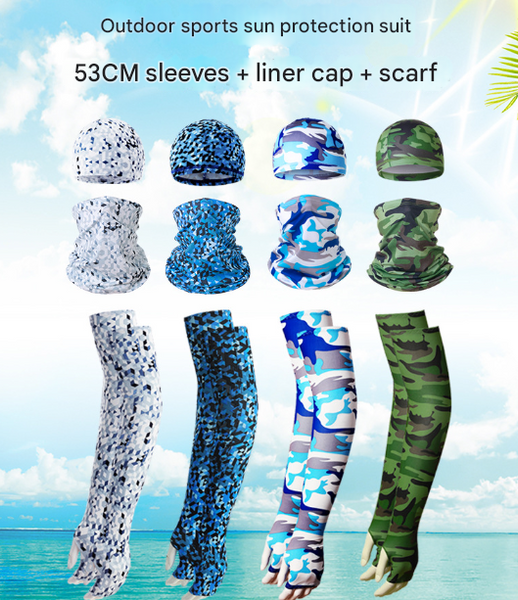 2 Sets Green Camouflage Cooling Uv Protection Skull Cap Neck Gaiter & 4 Arm Sleeves For Outdoor Sports Other Motorcycle Clothing