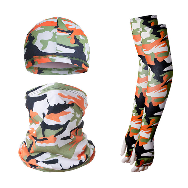 2 Sets Orange Camouflage Cooling Uv Protection Skull Cap Neck Gaiter & 4 Arm Sleeves For Outdoor Sports Other Motorcycle Clothing