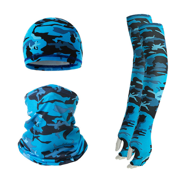 2 Sets Blue Camouflage Cooling Uv Protection Skull Cap Neck Gaiter & 4 Arm Sleeves For Outdoor Sports Other Motorcycle Clothing