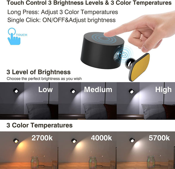 Khaki Wood Grain Rechargeable Led Magnetic Wall Light Touch Control 3 Colors & Dimmable Usb Portable Night Lamp For Reading Cabinets Lamps