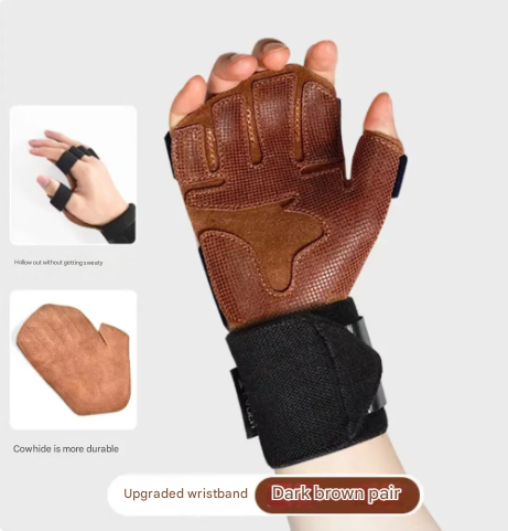 Size M Dark Brown Premium Cowhide Leather Weightlifting Gloves With Wrist Support Non Slip Grip Breathable Fitness Workout For Gym Wods Dumbbells Supp