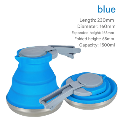 Blue 1.5L Collapsible Silicone Camping Kettle Portable Foldable Travel Water Boiler Stainless Steel Base Camping Kettles