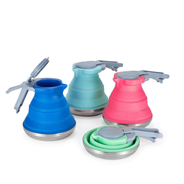 Blue 1.5L Collapsible Silicone Camping Kettle Portable Foldable Travel Water Boiler Stainless Steel Base Camping Kettles