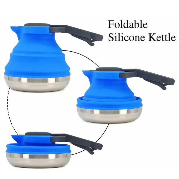 Blue 1.5L Collapsible Silicone Camping Kettle Portable Foldable Travel Water Boiler Stainless Steel Base Camping Kettles
