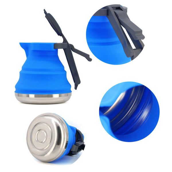 Blue 1.5L Collapsible Silicone Camping Kettle Portable Foldable Travel Water Boiler Stainless Steel Base Camping Kettles