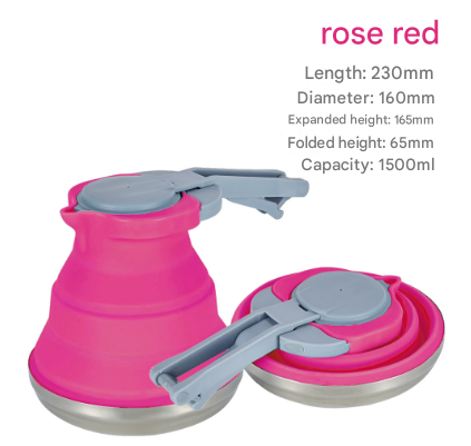Rose Red 1.5L Collapsible Silicone Camping Kettle Portable Foldable Travel Water Boiler Stainless Steel Base Camping Kettles