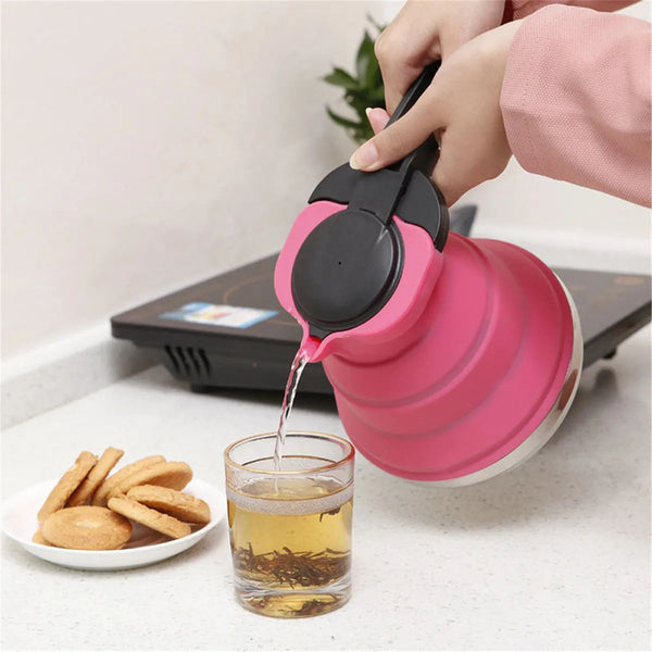 Rose Red 1.5L Collapsible Silicone Camping Kettle Portable Foldable Travel Water Boiler Stainless Steel Base Camping Kettles