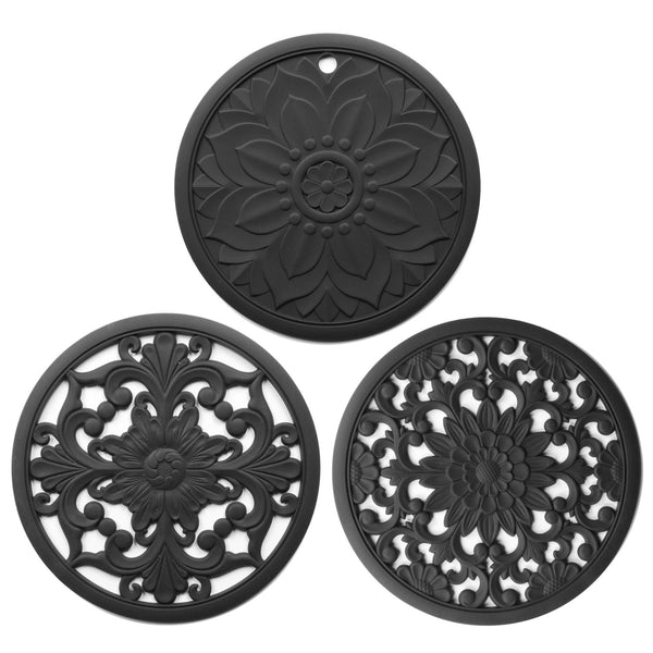 Elegant Floral Silicone Trivet Mat Set (3 Pack Black) Heat Resistant Non Slip Kitchen Hot Pads & Pot Holders Oven Mitts & Potholders