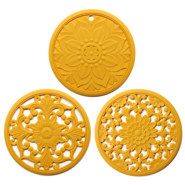 Elegant Floral Silicone Trivet Mat Set (3 Pack Yellow) Heat Resistant Non Slip Kitchen Hot Pads & Pot Holders Oven Mitts & Potholders