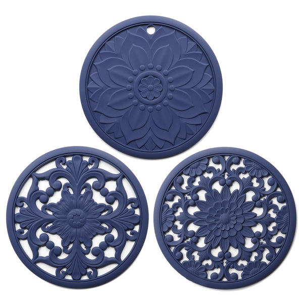 Elegant Floral Silicone Trivet Mat Set (3 Pack Dark Blue) Heat Resistant Non Slip Kitchen Hot Pads & Pot Holders Oven Mitts & Potholders