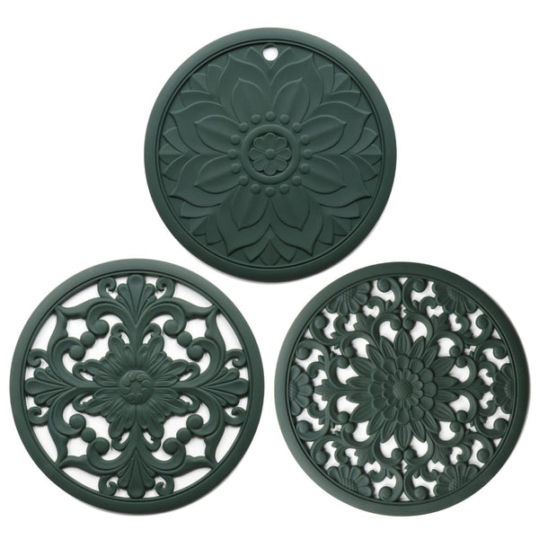 Elegant Floral Silicone Trivet Mat Set (3 Pack Dark Green) Heat Resistant Non Slip Kitchen Hot Pads & Pot Holders Oven Mitts & Potholders
