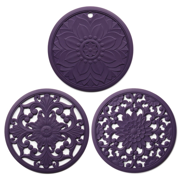 Elegant Floral Silicone Trivet Mat Set (3 Pack Dark Purple) Heat Resistant Non Slip Kitchen Hot Pads & Pot Holders Oven Mitts & Potholders