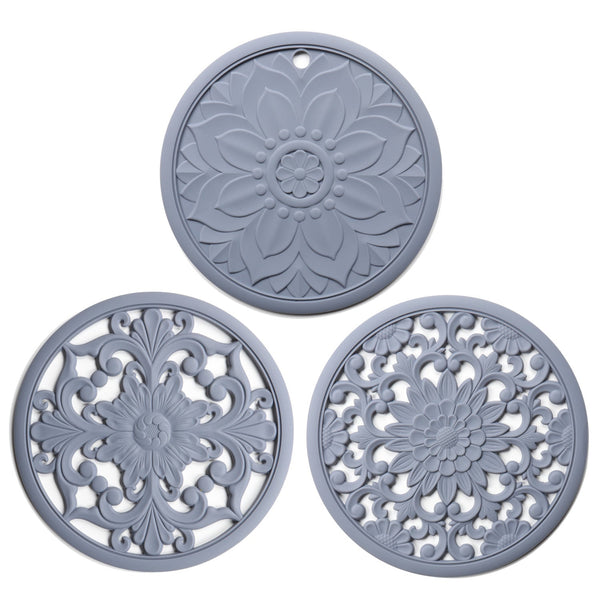 Elegant Floral Silicone Trivet Mat Set (3 Pack Grey) Heat Resistant Non Slip Kitchen Hot Pads & Pot Holders Oven Mitts & Potholders