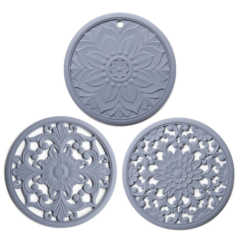 Elegant Floral Silicone Trivet Mat Set (3 Pack Grey) Heat Resistant Non Slip Kitchen Hot Pads & Pot Holders Oven Mitts & Potholders