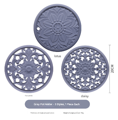 Elegant Floral Silicone Trivet Mat Set (3 Pack Grey) Heat Resistant Non Slip Kitchen Hot Pads & Pot Holders Oven Mitts & Potholders
