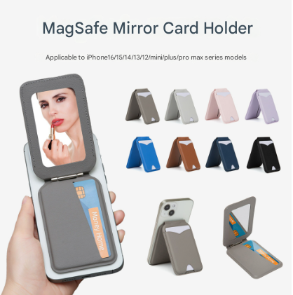 Grey Chic Magsafe Wallet With Mirror & Stand Pu Leather Card Holder For Iphone 12 16 Series Travel Wallets